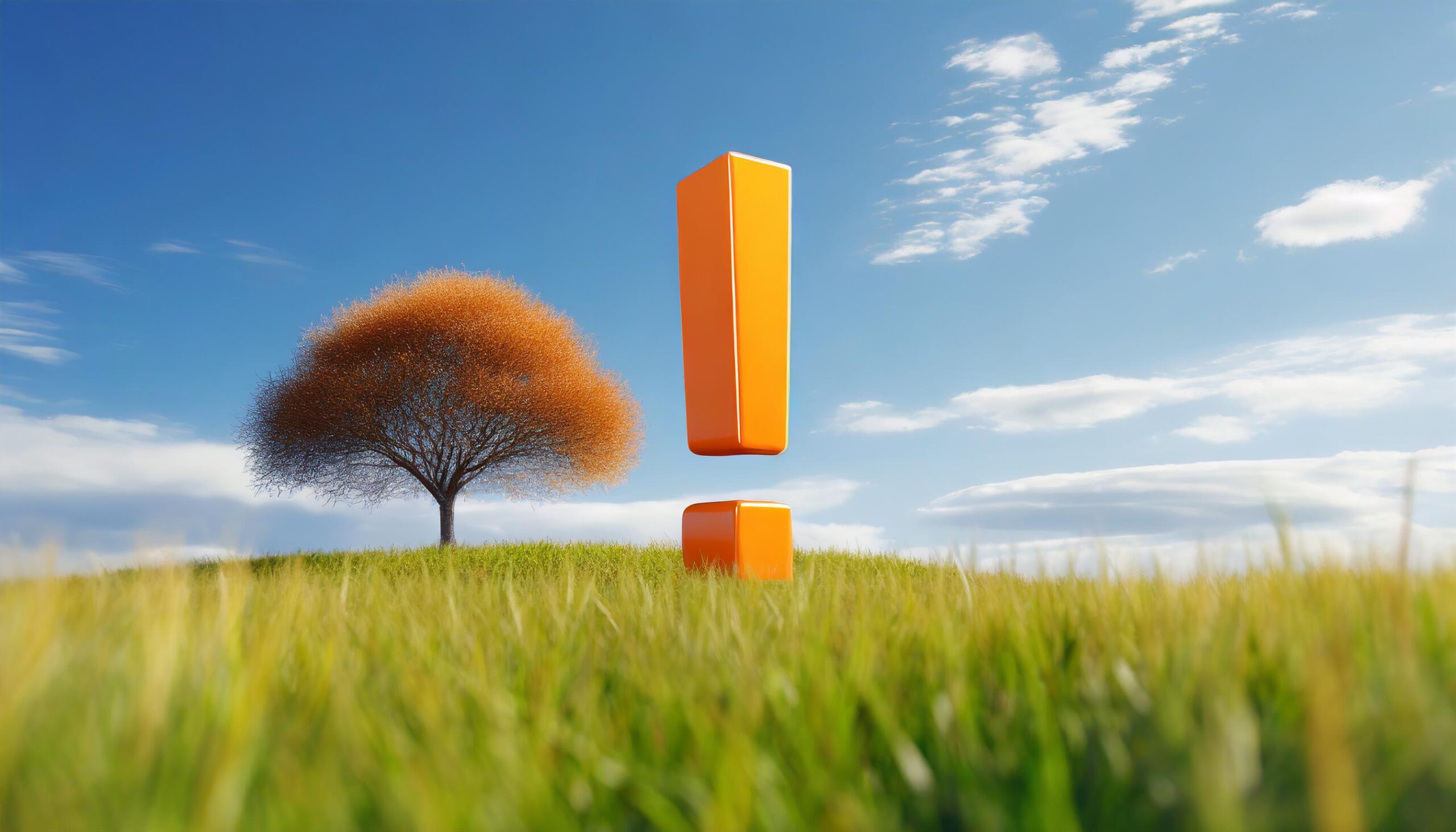 Firefly orange exclamation mark floating in grassland and blue sky and a tree 70875